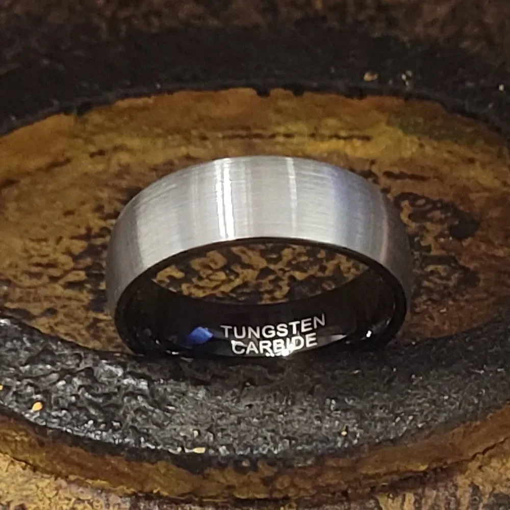 Personalized Engraved Men's Silver and Black Wedding Ring Band - Brushed Steel